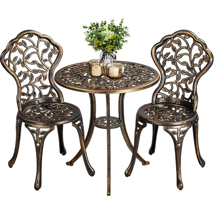 3-Piece Outdoor Bistro Set w/Leaf Design, Rust-Resistant Cast Aluminium Table and Chairs for Balcony Backyard Garden Sets